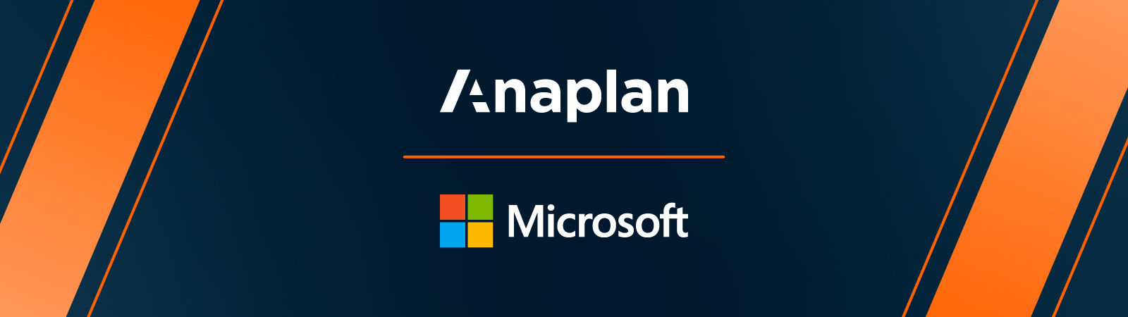 Anaplan and Microsoft logos displayed center on a dark blue background with angled orange stripes on the sides. Clean and modern design.