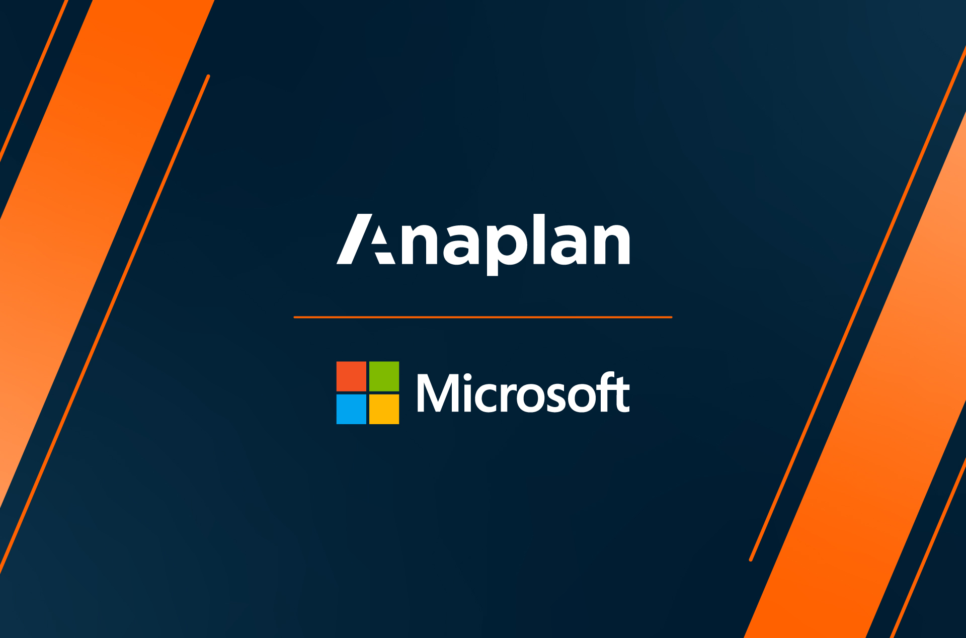 Anaplan and Microsoft logos displayed center on a dark blue background with angled orange stripes on the sides. Clean and modern design.