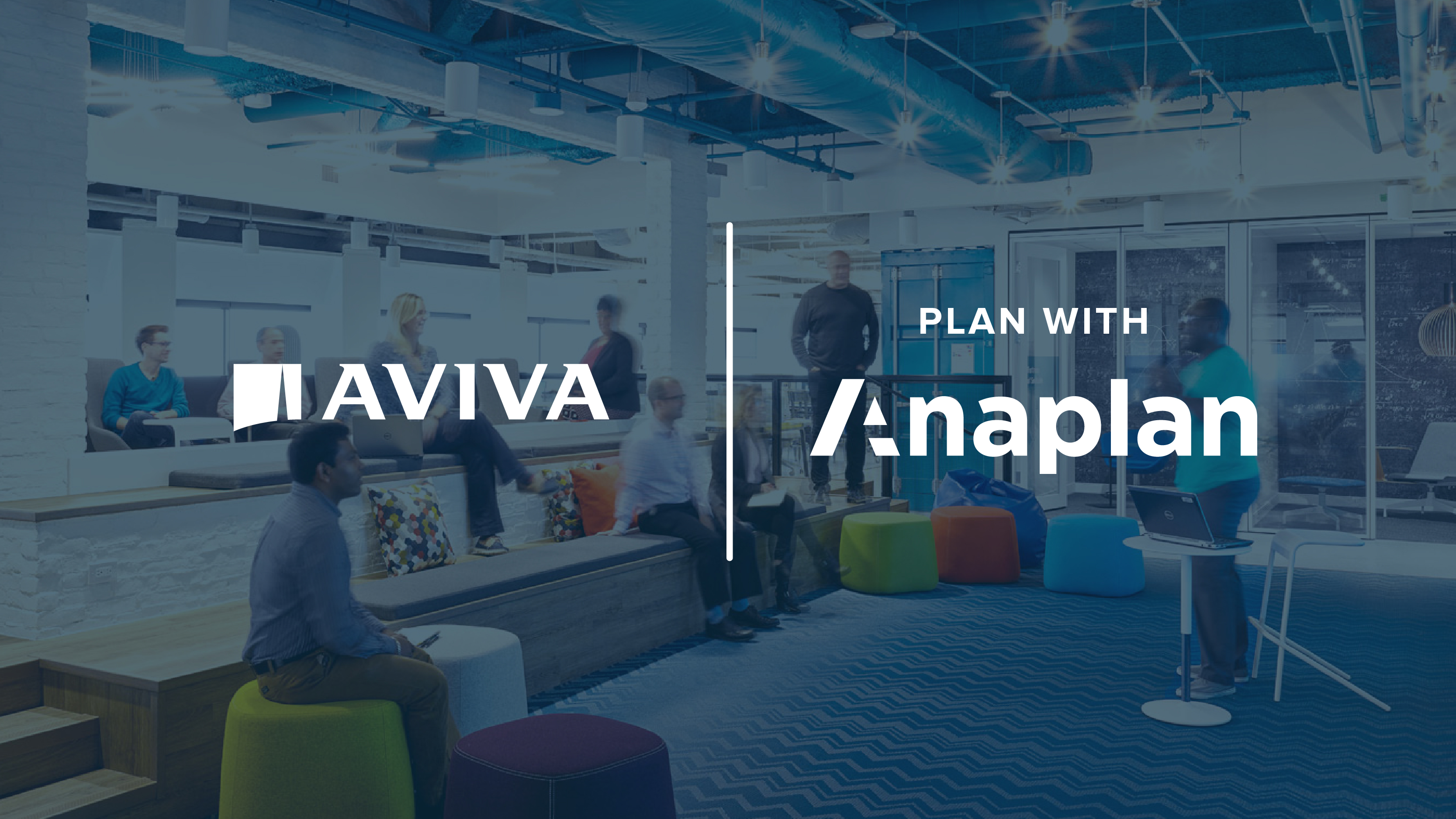 Aviva and Anaplan logos in the center, separated by a vertical line. The background shows a modern office lounge with people seated and collaborating in a casual, open setting.
