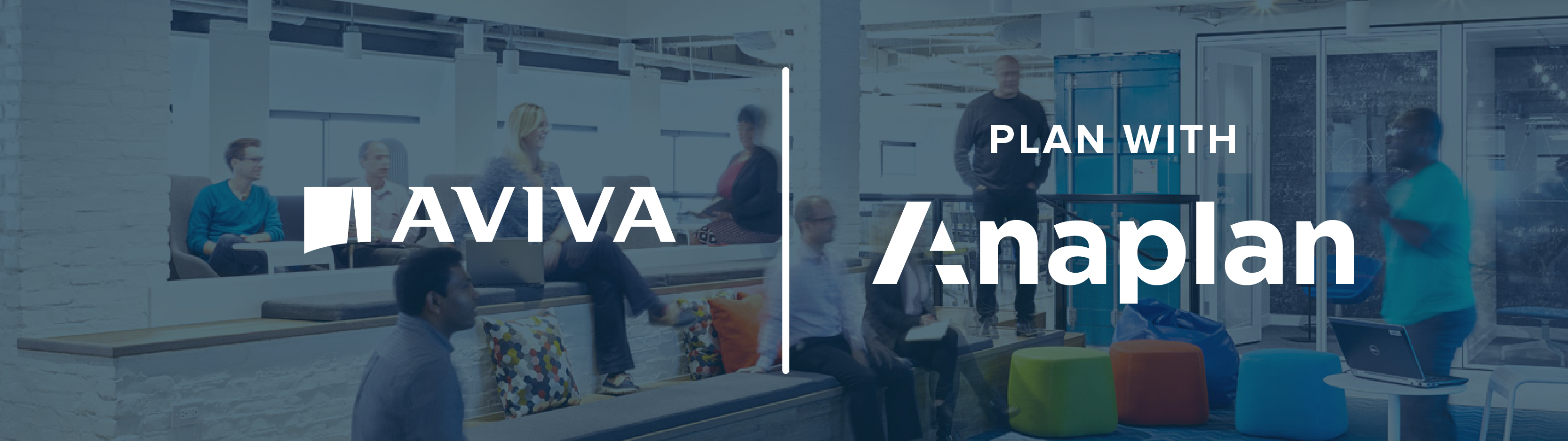 Aviva and Anaplan logos in the center. The background features a contemporary office space with people gathered and interacting in a flexible workspace.
