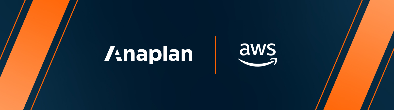 Anaplan and AWS Logos displayed center. Dark background with angled orange stripes on both sides.
