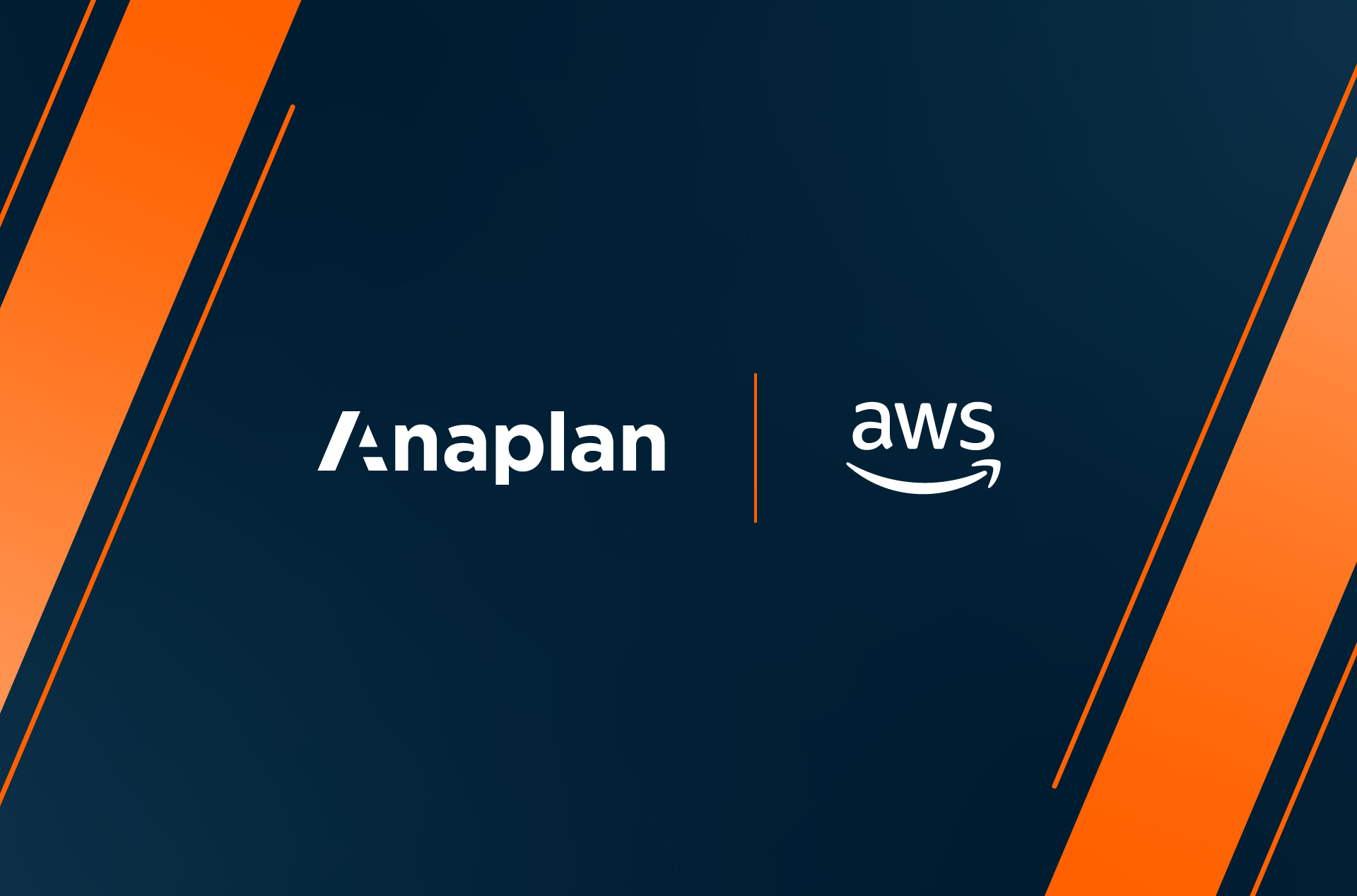 Anaplan and AWS Logos displayed center. Dark background with angled orange stripes on both sides.