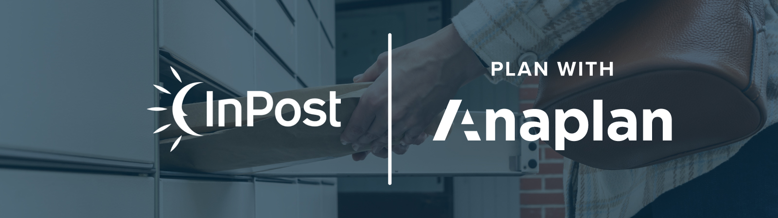 InPost and Anaplan logos centered. The image shows a close-up of a person inserting a parcel into a delivery locker, highlighting logistics efficiency.