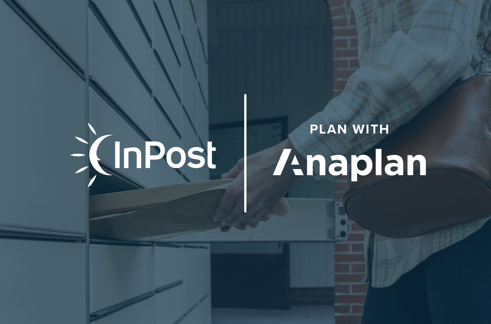 InPost and Anaplan logos centered. The image shows a close-up of a person inserting a parcel into a delivery locker, highlighting logistics efficiency.