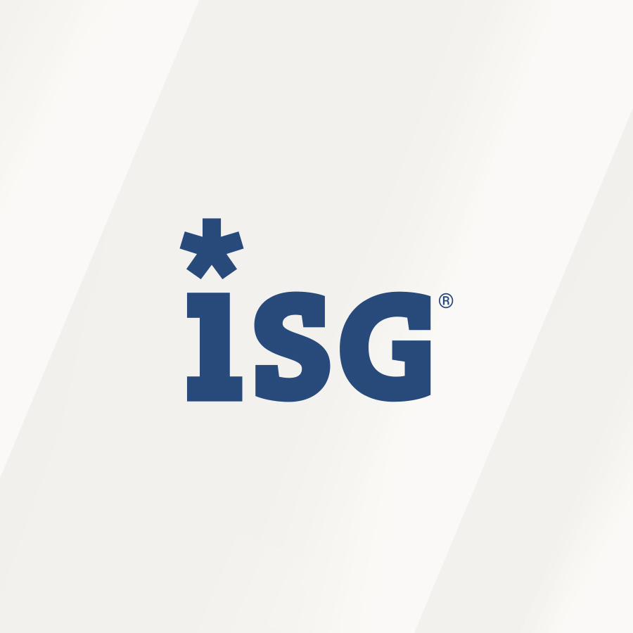 ISG Promo Logo Tile ISG logo in dark blue with an asterisk above the letter I, displayed on a light gray gradient background.