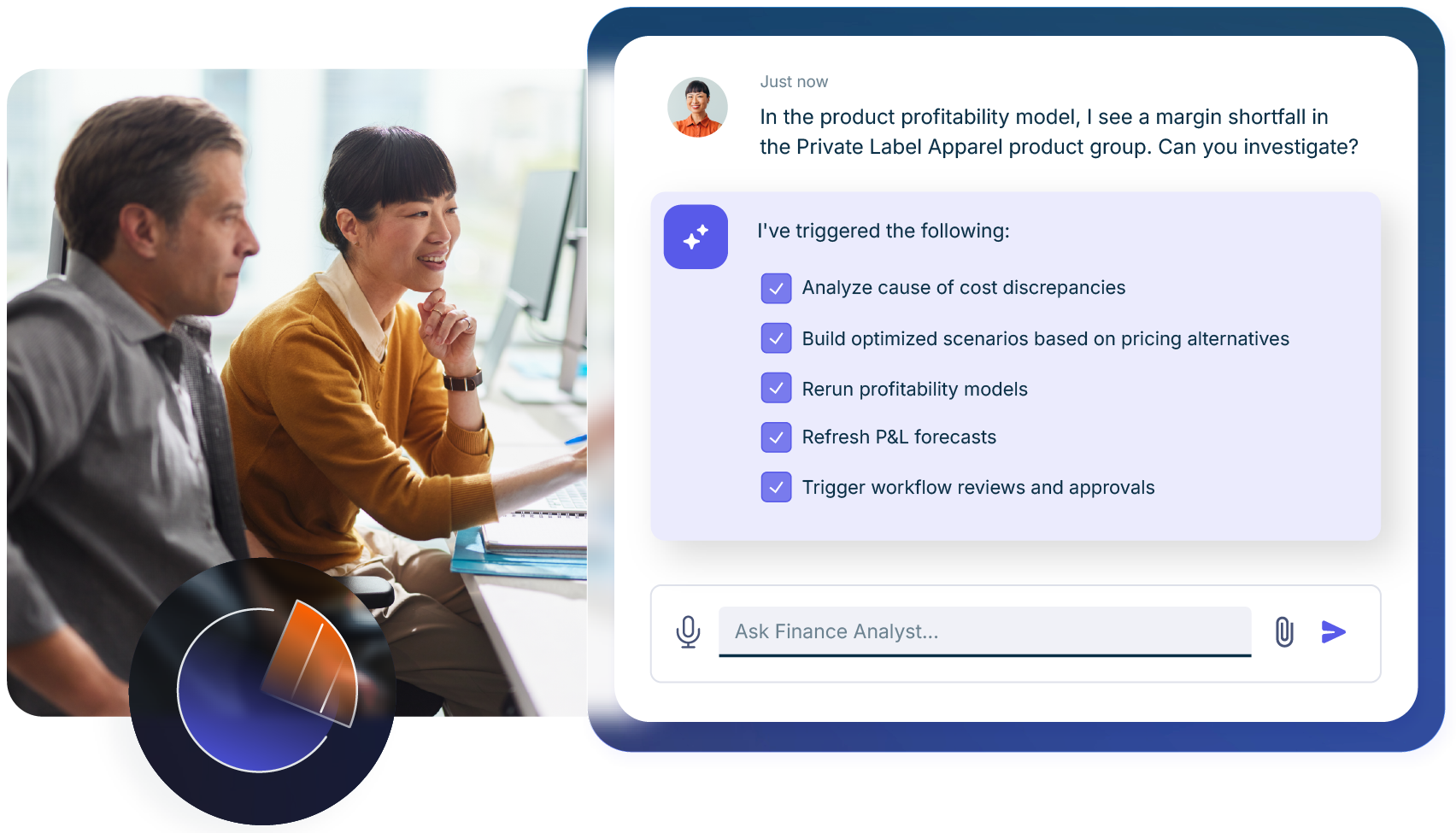 Finance Analyst Product Visual Tile Two professionals reviewing data on a computer with a digital assistant showing profitability analysis actions.