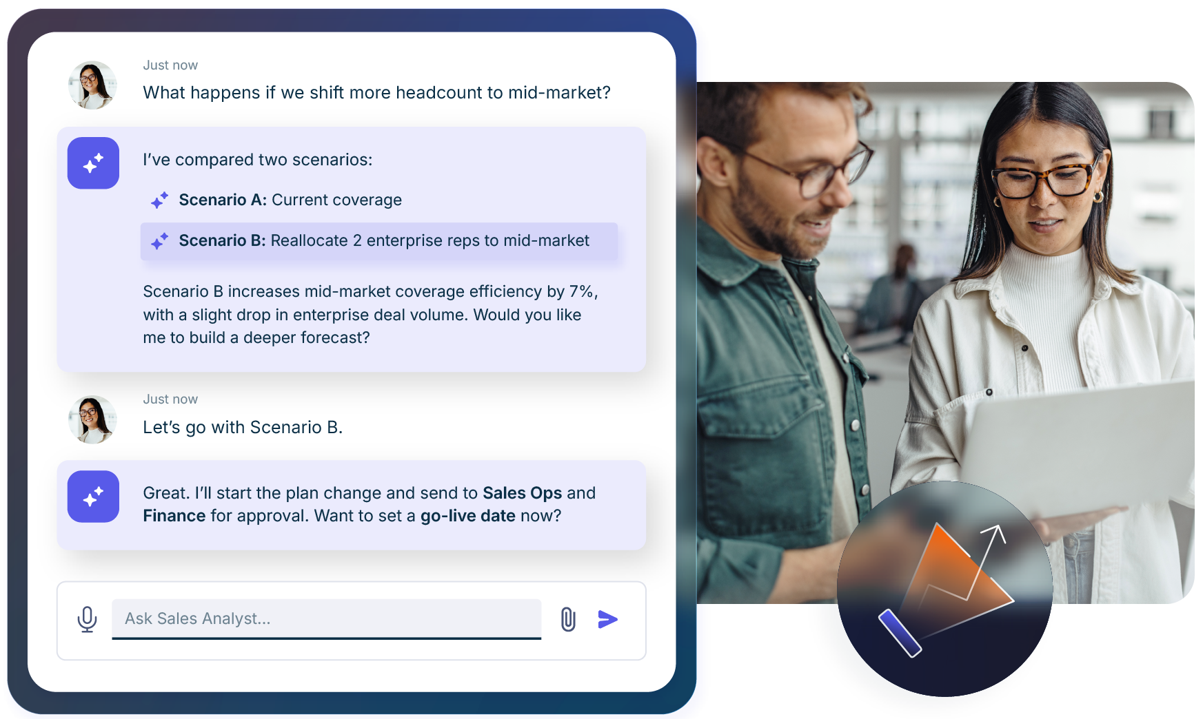 Sales Analyst Product Visual Tile Two colleagues discussing insights on a laptop, with a digital assistant comparing sales planning scenarios.