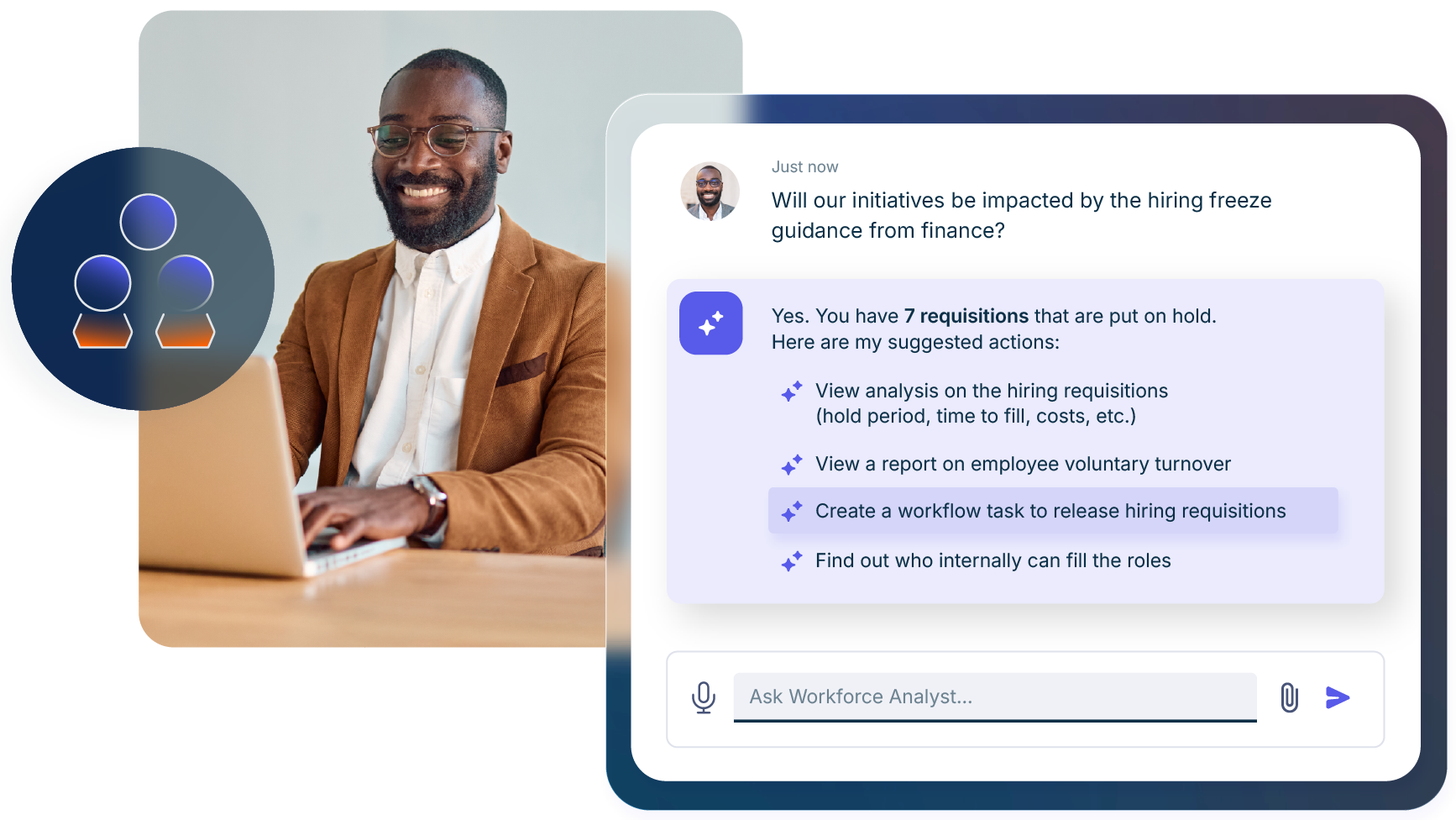Workforce Analyst Product Visual Tile Smiling professional using a laptop, with a digital assistant listing hiring and workforce planning actions.