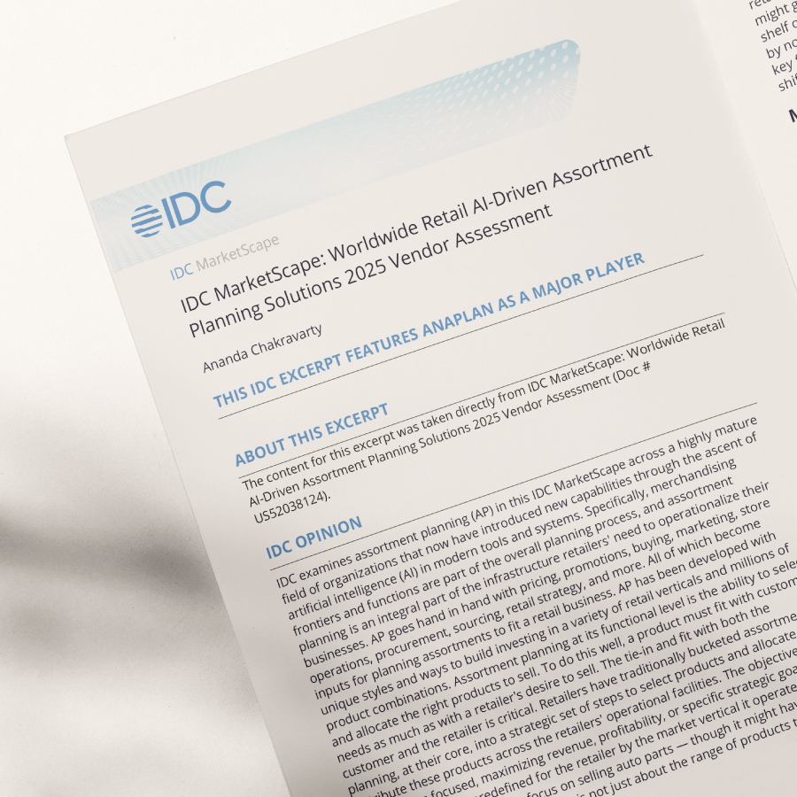 IDC MarketScape excerpt on retail assortment planning. Document highlights Anaplan as a major player in the 2025 vendor assessment for worldwide AI-driven assortment planning solutions.
