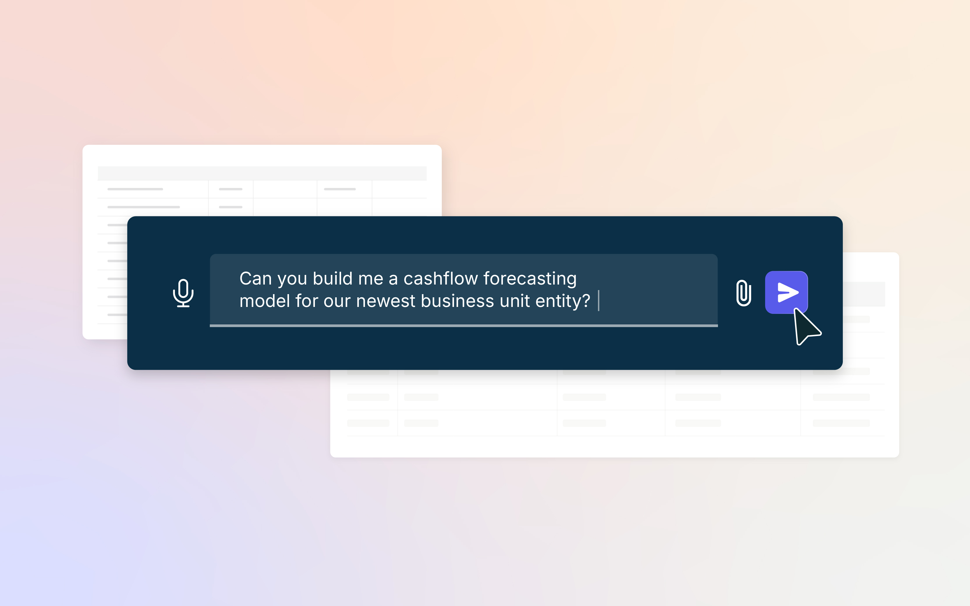 Close-up of an AI chat box with the text “Can you build me a cashflow forecasting model for our newest business unit entity?”, highlighting quick setup for new users.