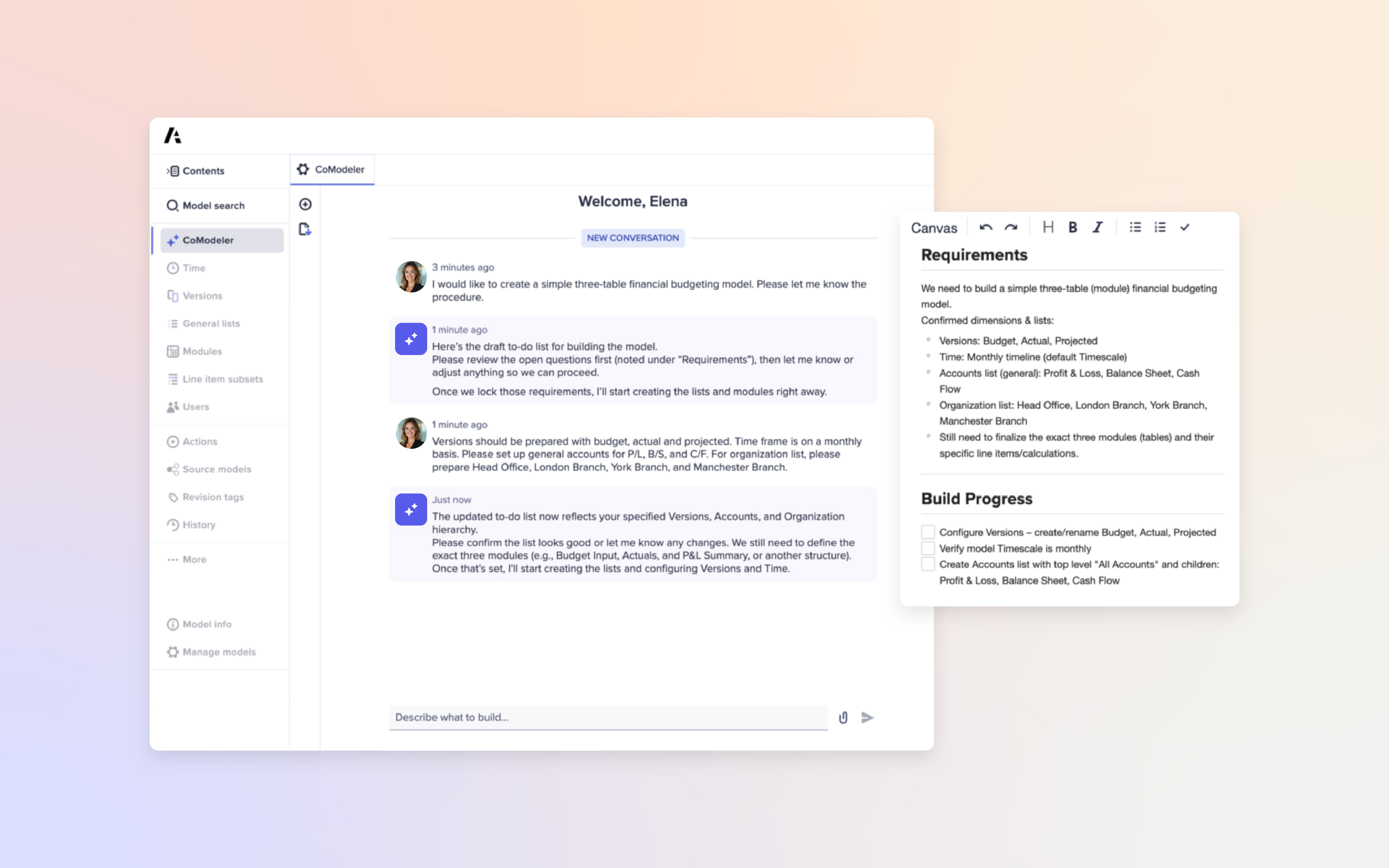 Dashboard interface showing an AI assistant guiding a user through model requirements, with conversation messages and a task list displayed on the screen.