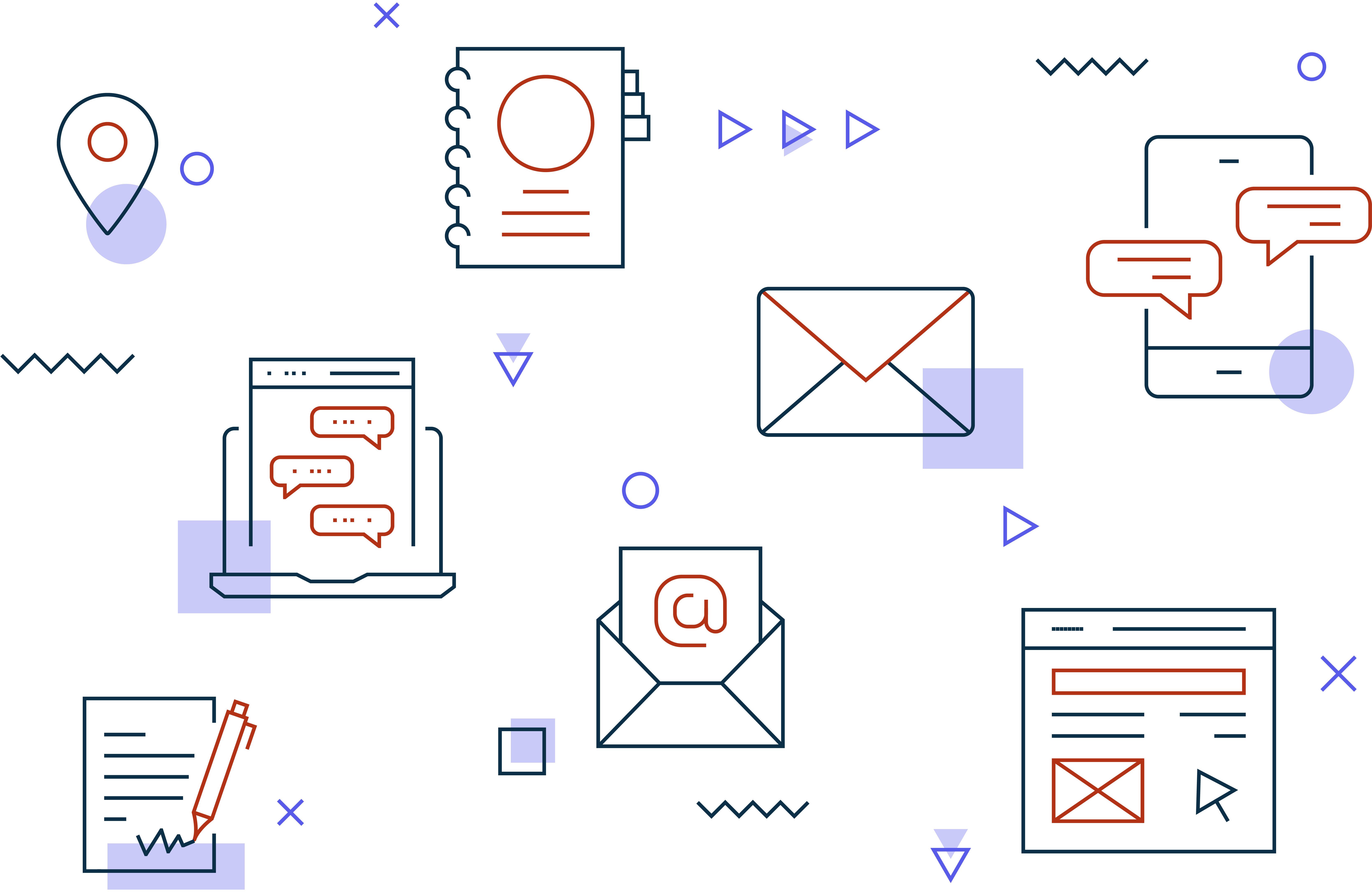 さまざまな連絡手段を表すメール、チャット、レターのイラスト