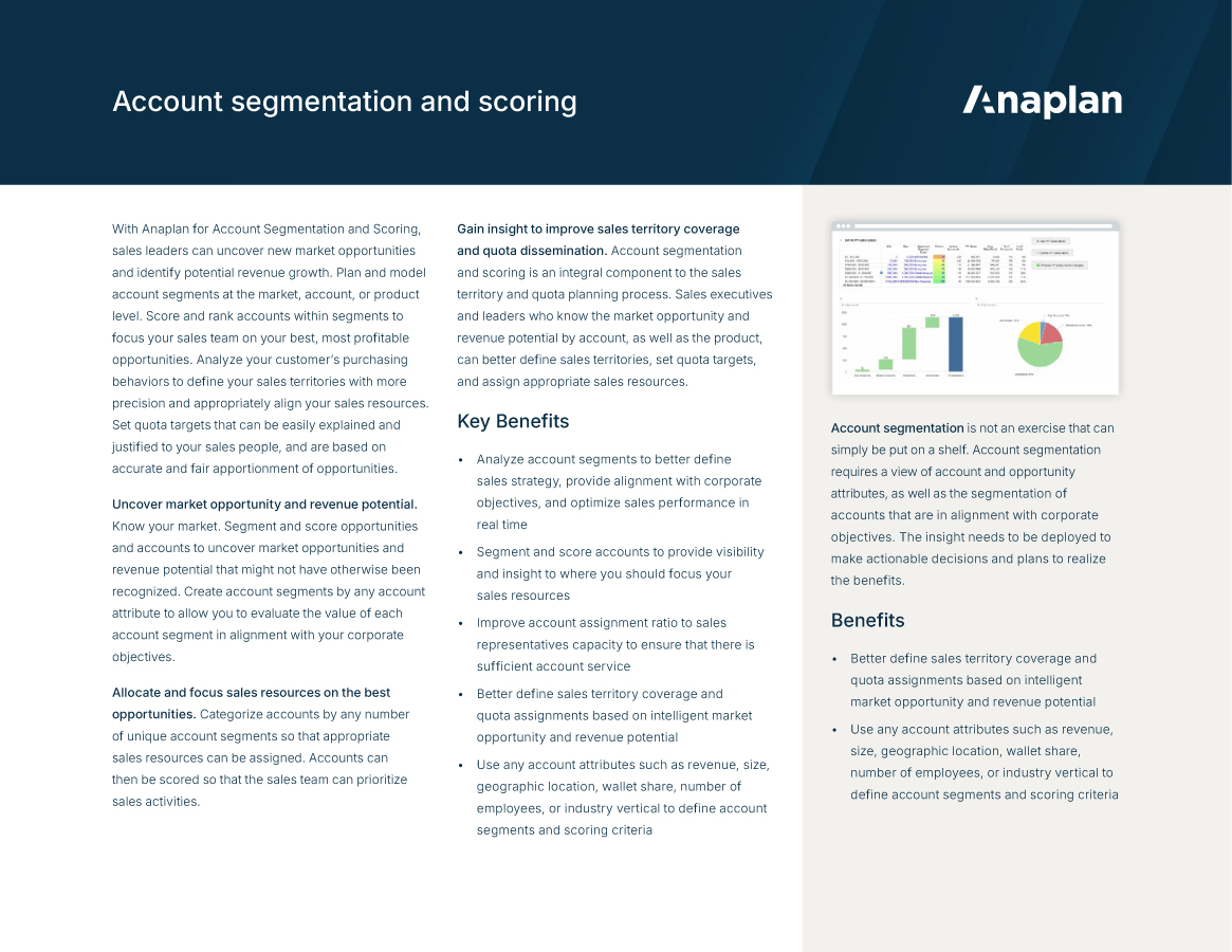 Anaplan account segmentation and scoring. The text highlights territory coverage, resource alignment, and uncovering new market opportunities, with a small chart example of bar and pie visuals.