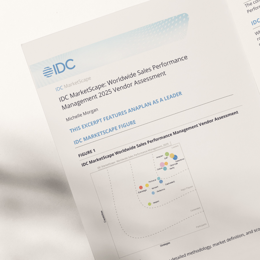 IDC MarketScape for “Worldwide Sales Performance Management 2025 Vendor Assessment.” Highlights Anaplan as a leader and includes a quadrant-style figure of vendor positions.
