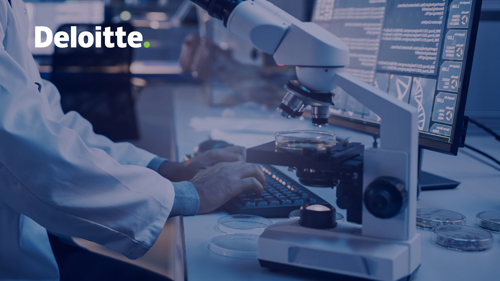 Graphic: Deloitte logo over a photo of a lab technician