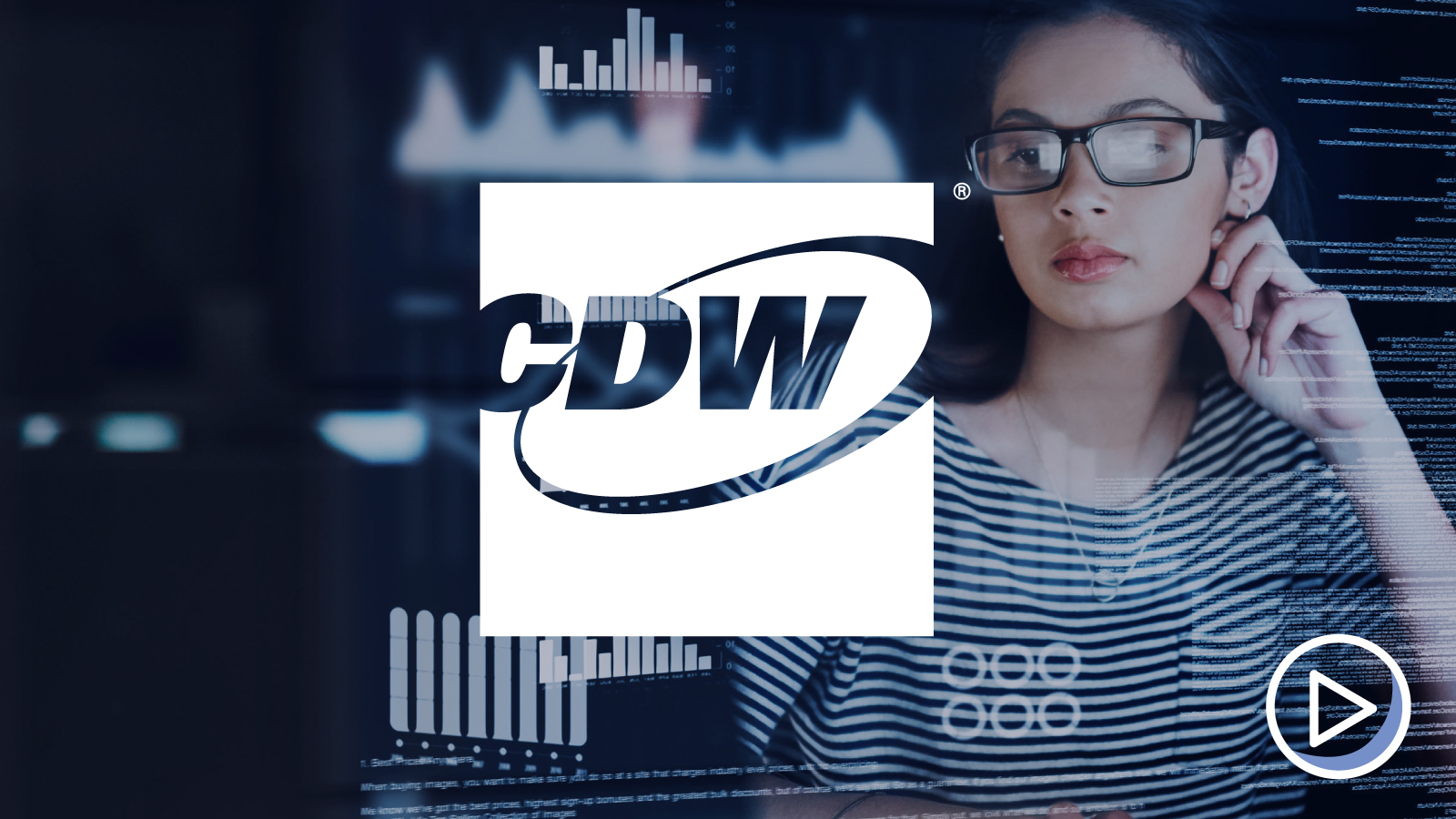 Graphic: businesswoman working with graphic overlay (CDW logo)