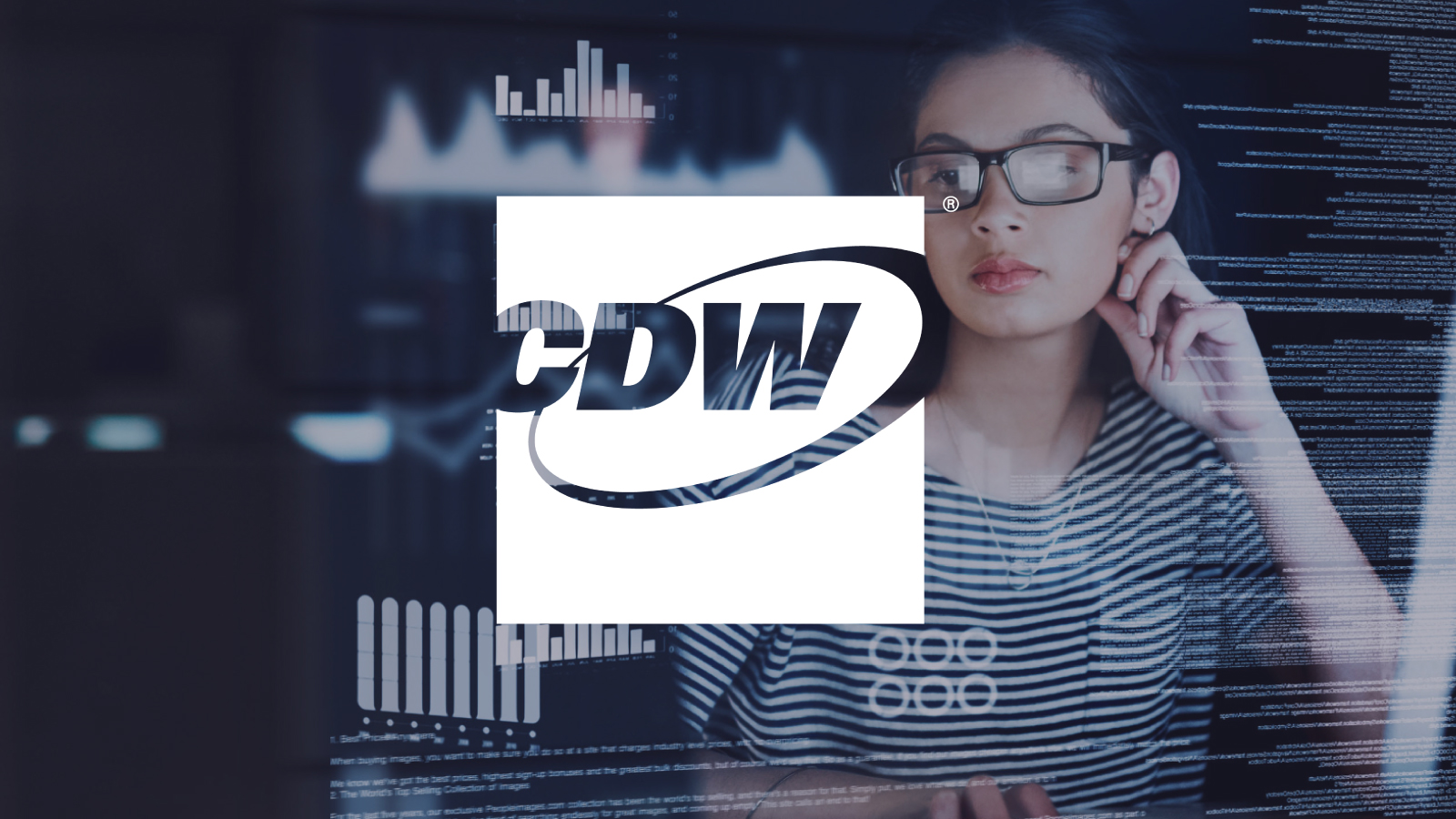 CDW logo on top of businesswoman looking at graphics