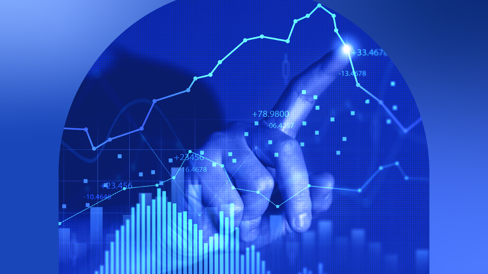 bar graph and line chart laid over a hand touching a point along the line chart, all tinted blue