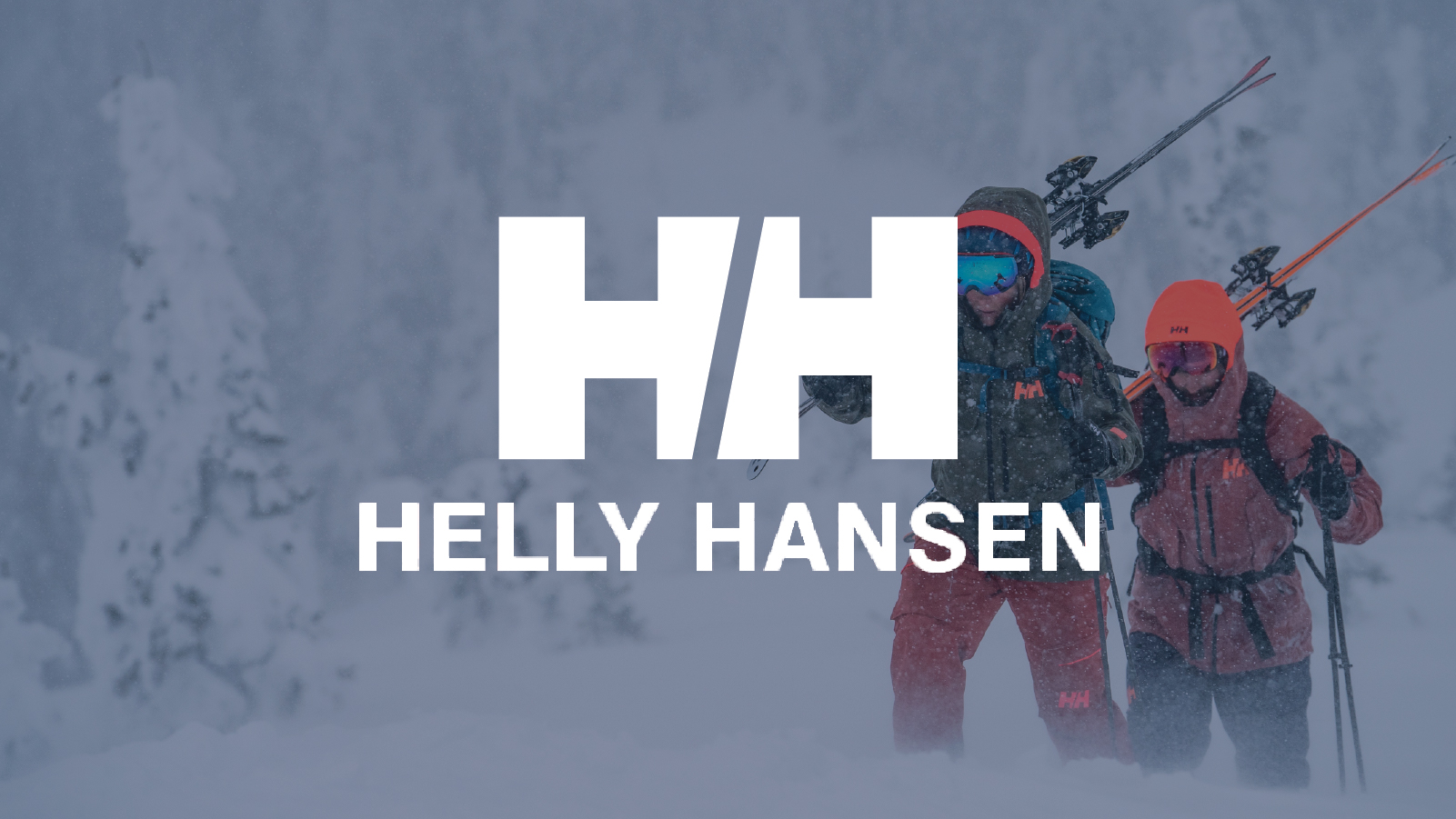 Graphic: Helly Hansen logo overlayed on two skiers hiking