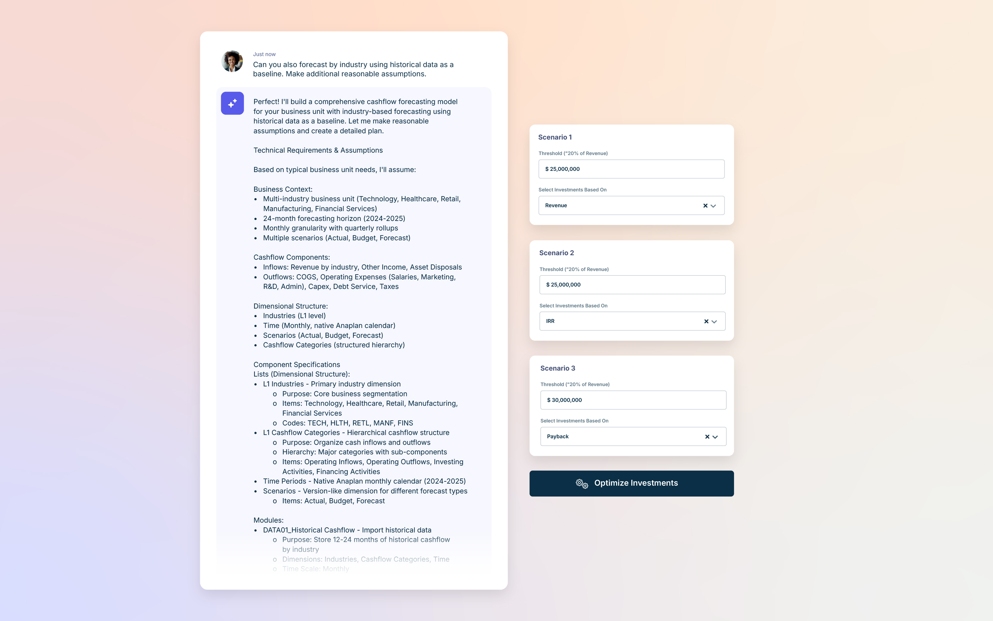 AI assistant interface presenting a detailed cashflow forecasting breakdown, alongside scenario cards comparing different investment thresholds.