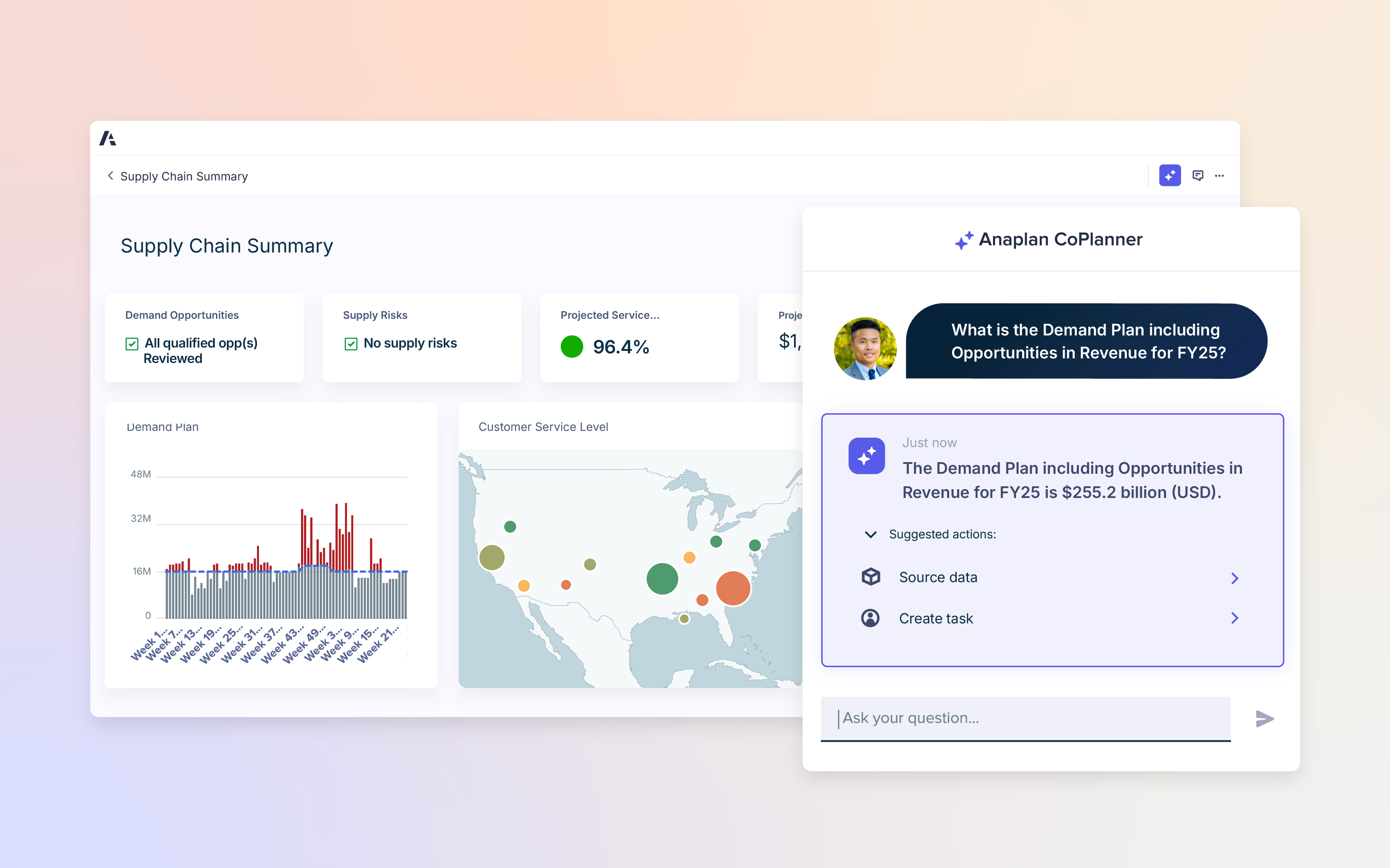 Anaplan CoPlanner dashboard titled 'Supply Chain Summary' showing demand opportunities, supply risks, and service level charts. A side panel highlights a demand plan query with a revenue forecast of $255.2 billion for FY25.