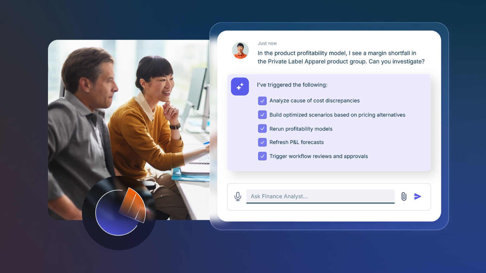 A man and woman at a desk review a computer screen. Next to them, an AI assistant interface suggests tasks like analyzing cost discrepancies, building scenarios, and refreshing P&L forecasts.