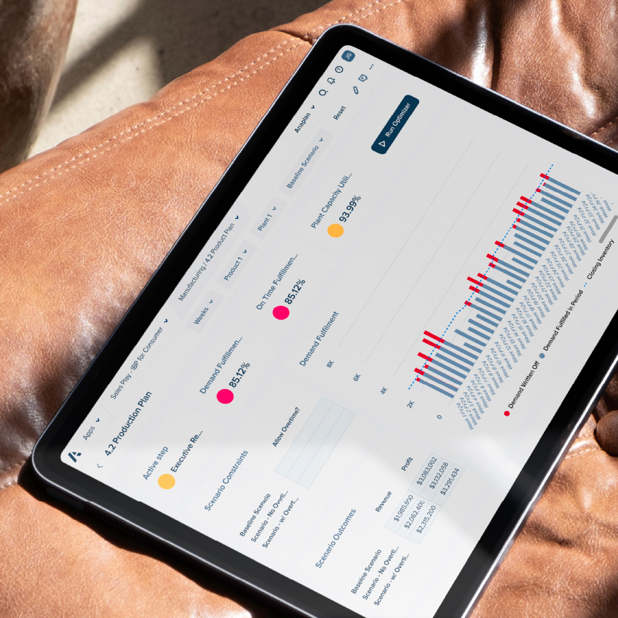 Tablet displaying Anaplan Production Planning dashboard on a brown leather surface. The screen shows key metrics including "On Time Fulfillment: 85.72%" and "Plant Capacity Utilization: 93.99%." A bar and line chart displays demand fulfillment data over time, with blue bars and red indicators highlighting gaps. Additional sections list "Scenario Constraints," "Scenario Outcomes," and revenue figures, showing baseline and scenario variations.