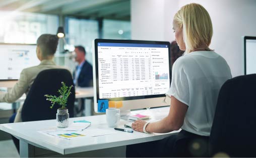 Image of woman working on a spreadsheet on her computer at her desk. 
