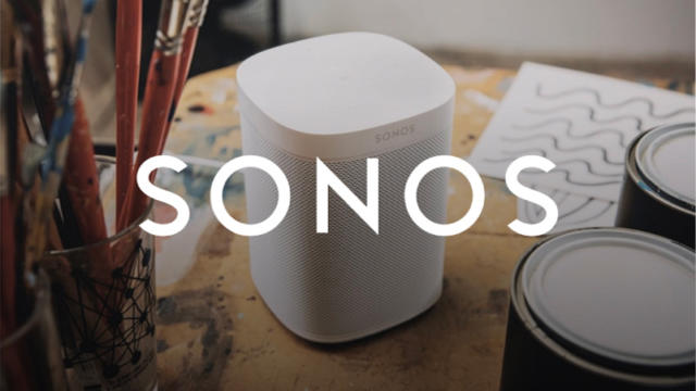 Sonos Logo over a speaker on a table