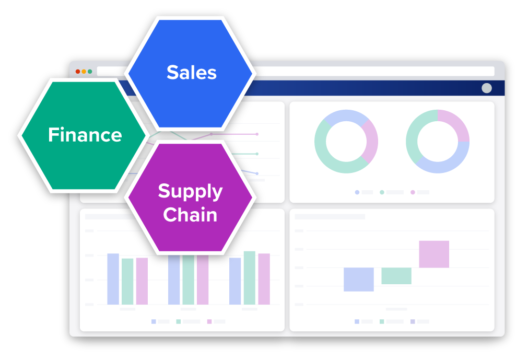 Anaplan dashboard with honeycomb of Sales, Finance and Supply Chain over it illustrating Connected Planning
