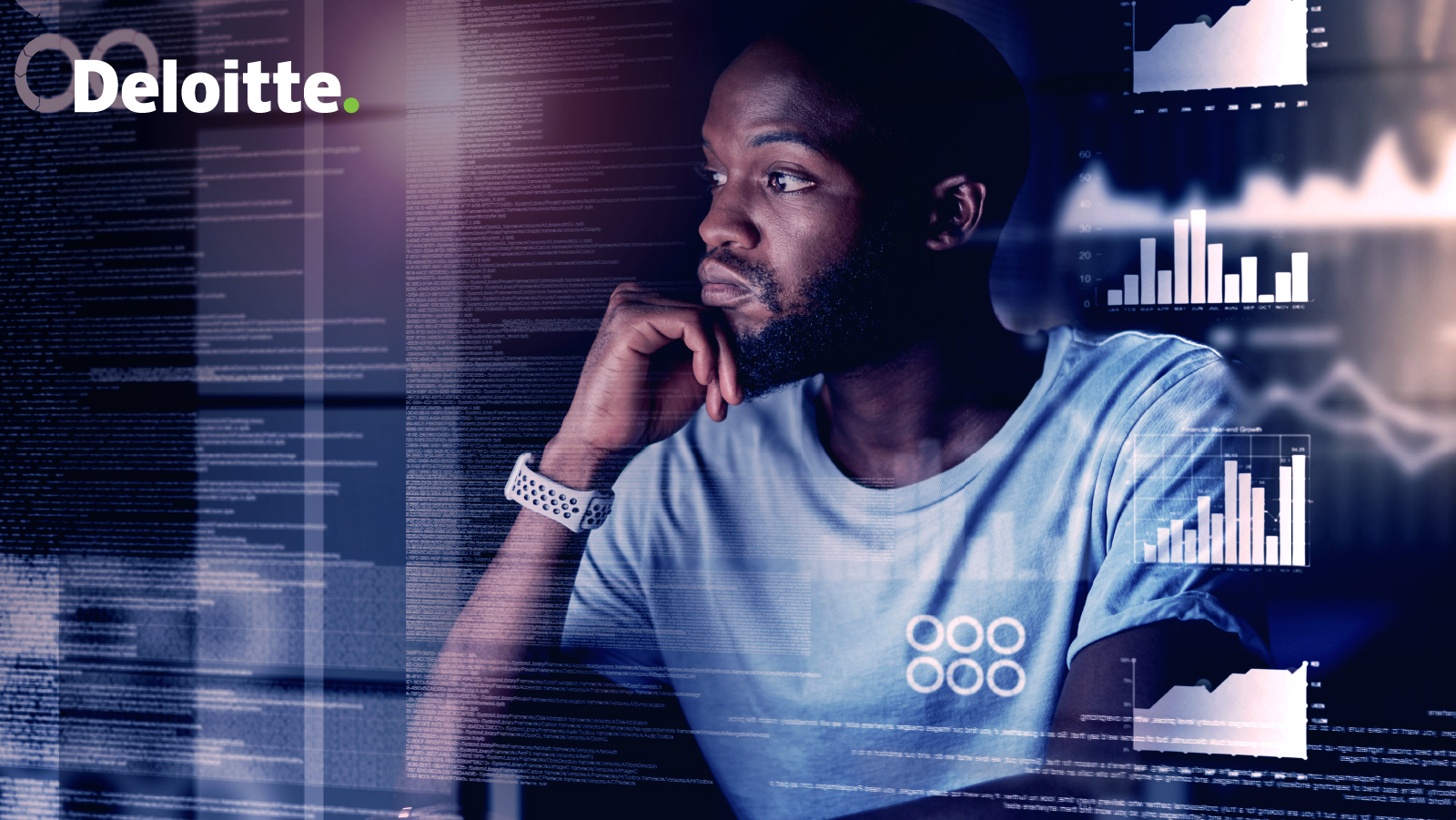 Man looking pensive at data visualization graphics