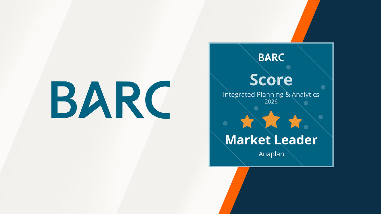 Graphic showing BARC Score Integrated Planning & Analytics 2026 Market Leader badge with three stars and Anaplan label on a teal background.