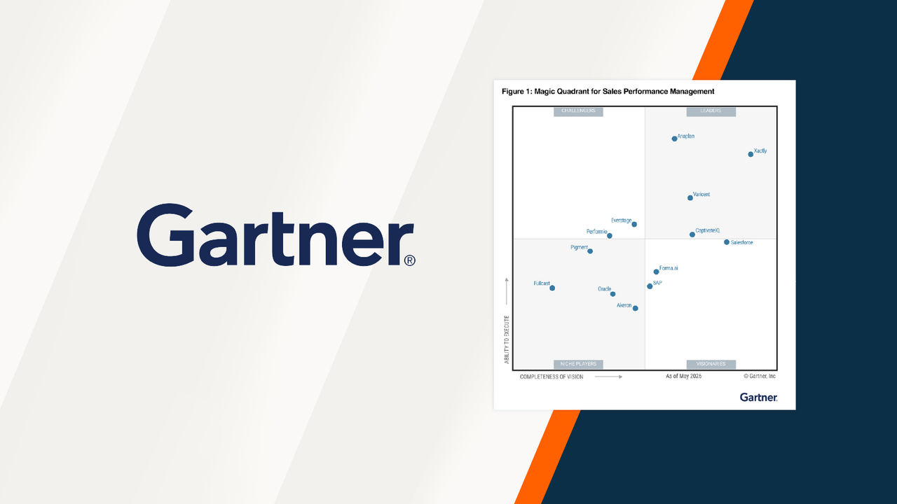 Gartner logo beside a Magic Quadrant chart for Sales Performance Management on a anaplan branded background.