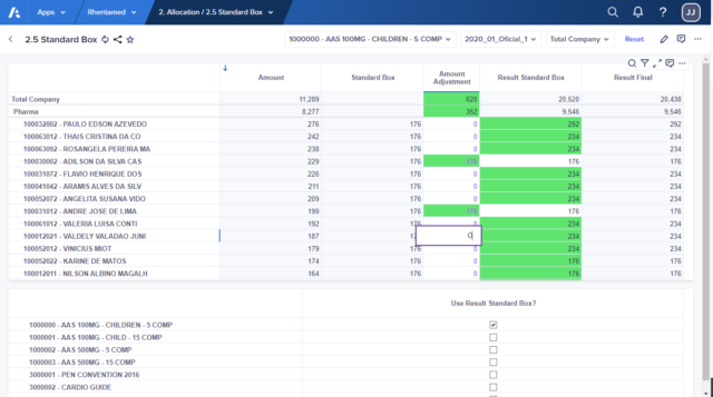 Integration with the company's logistics, presenting percentages of the standard box to accelerate and decrease the distribution process's costs. Presents the ideal quantity to be sent for each rep and planner, even whether a half or full box will be sent.